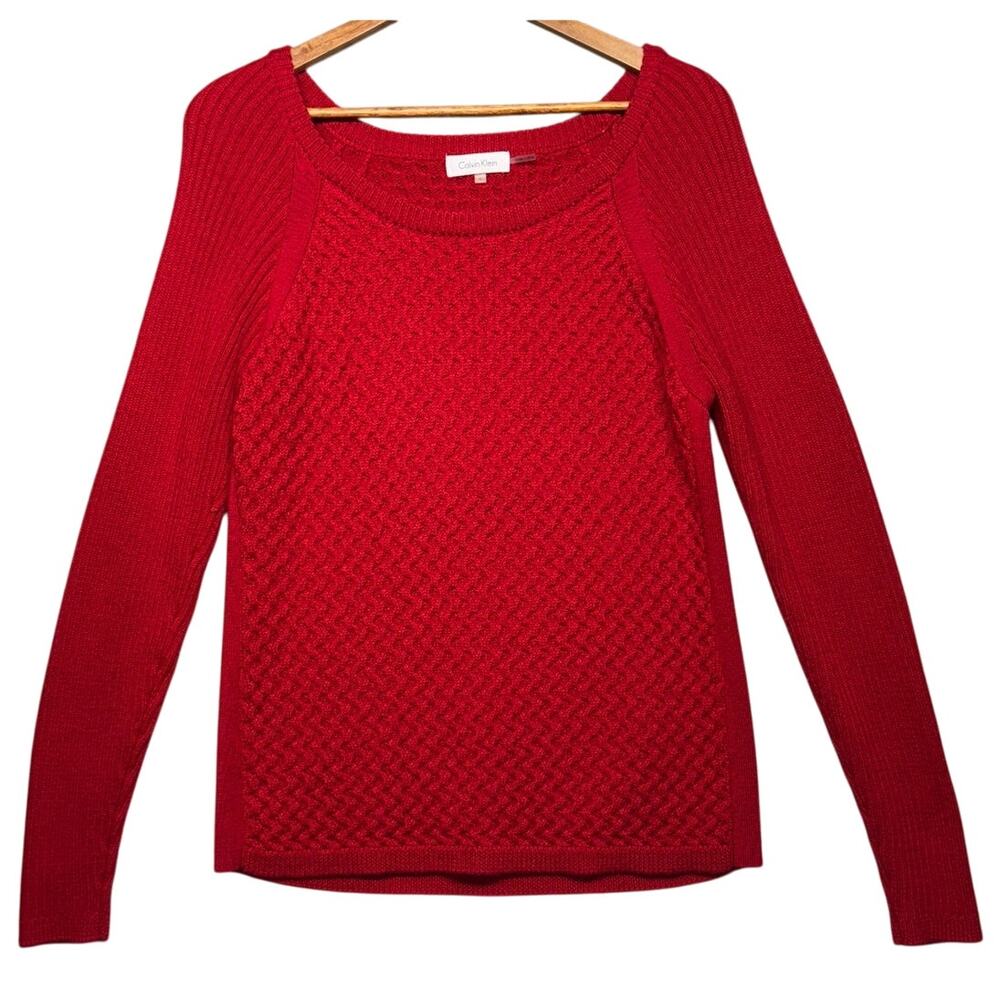 Calvin Klein Red Wool Blend Long Sleeve Pullover Cozy Knit Sweater Women Large